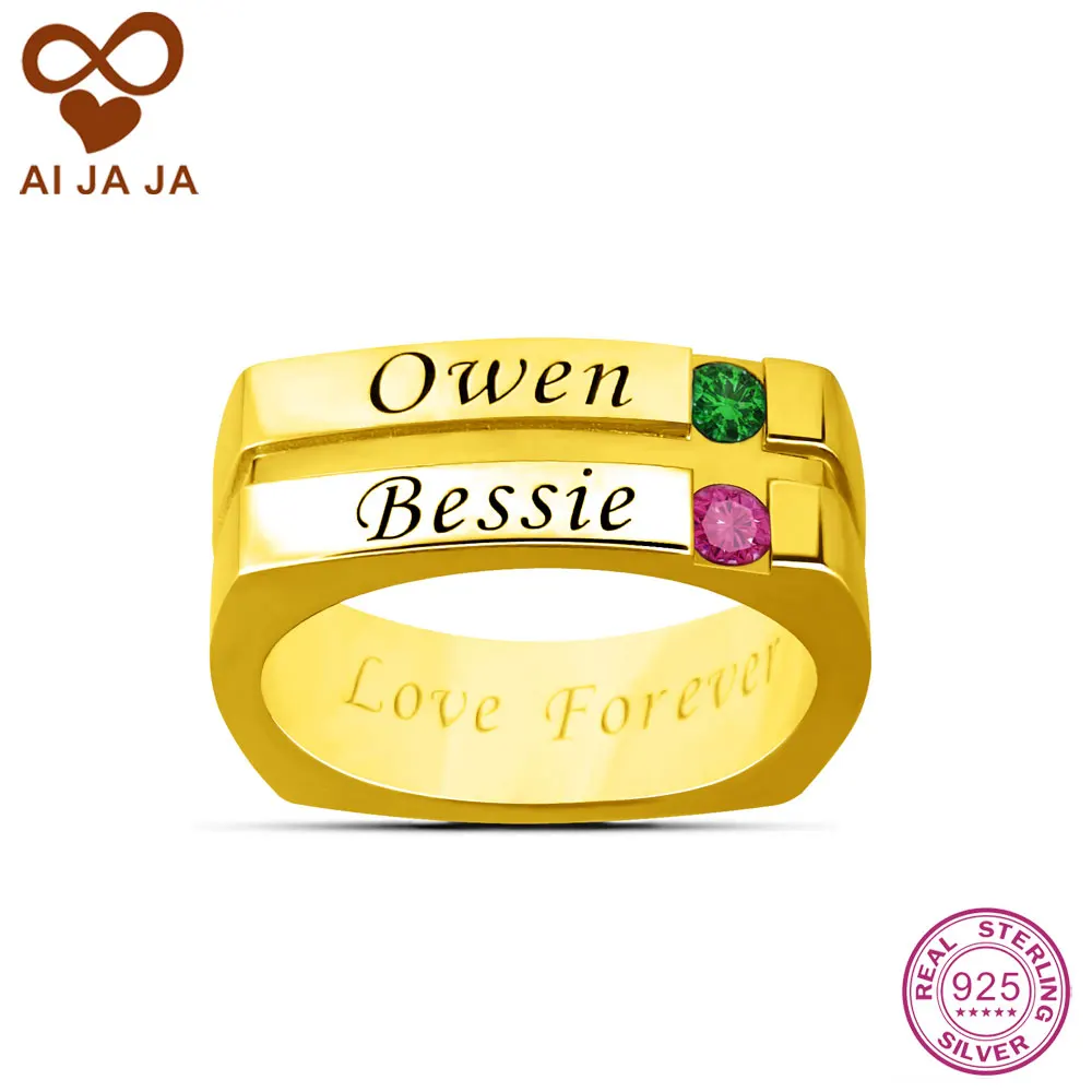 AI JAJA 925 Sterling Silver Customized Birthstones Engraved Men Rings