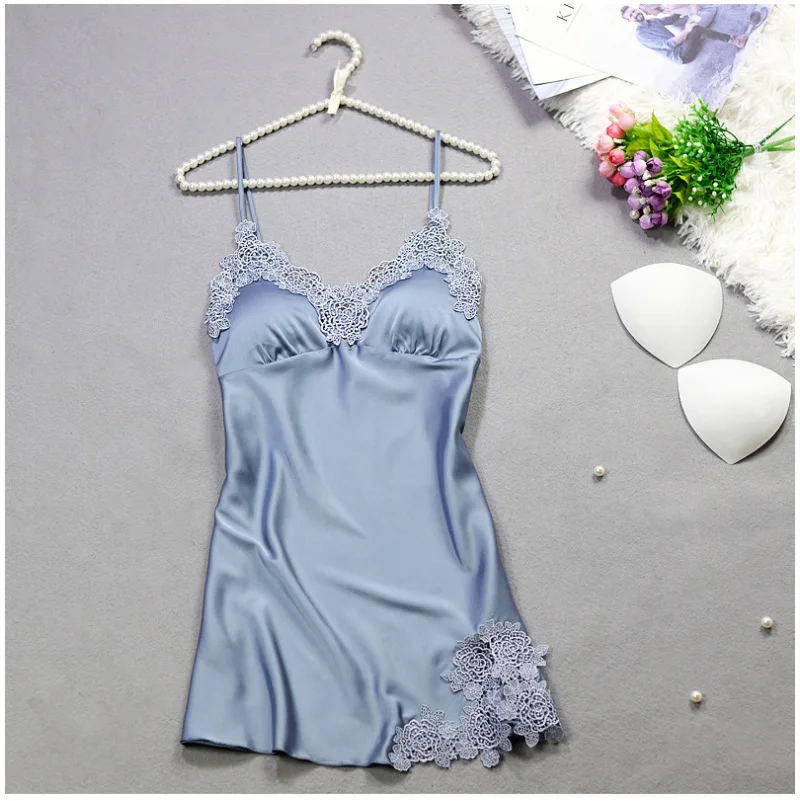 Sexy Silk Lace Sleepwear Dress Women Summer Solid Satin Nightgown Spaghetti Strap Sleeveless Nightwear Lingerie Sexy Night dress (1)