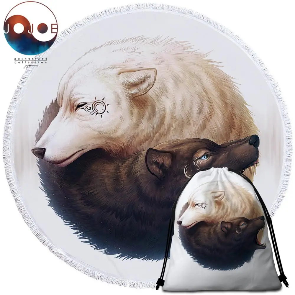 

Yin and Yang Wolves by JoJoesArt Round Beach Towel for Adults Printed Microfiber With Tassel Bath Towel Black White Blanket