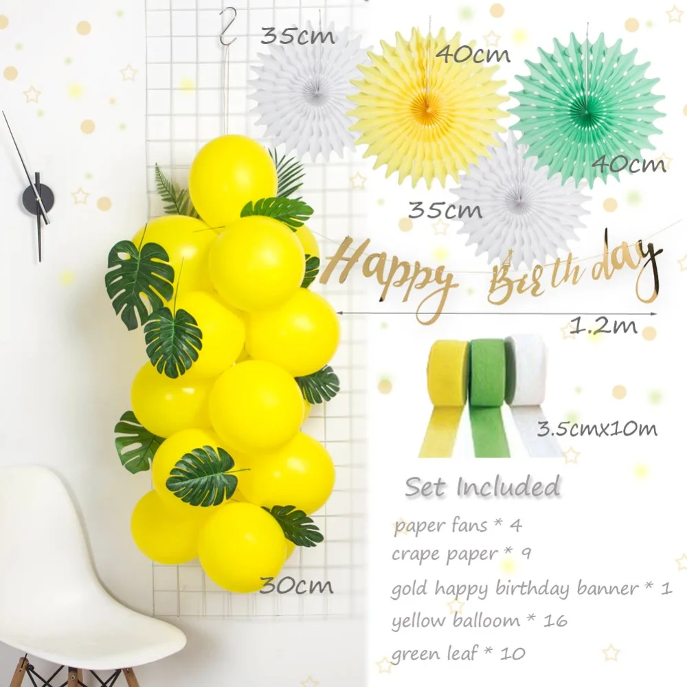 tropical party decoration set balloons leaves crepe streamer paper yellow happy birthday banner