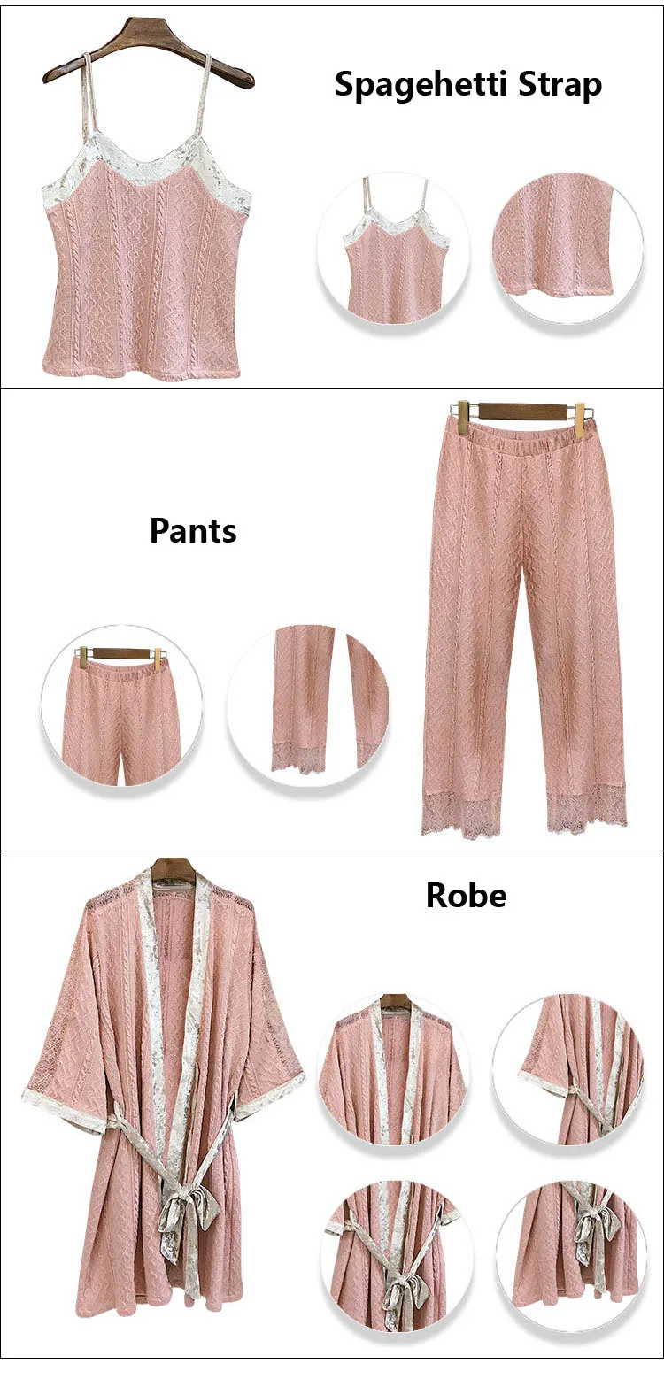 CAVME, шерстяные кружевные пижамные комплекты для женщин, халат Spagahetti, ремень, полные штаны, комплект из 3 предметов, пижама, сексуальная одежда для сна, домашняя одежда
