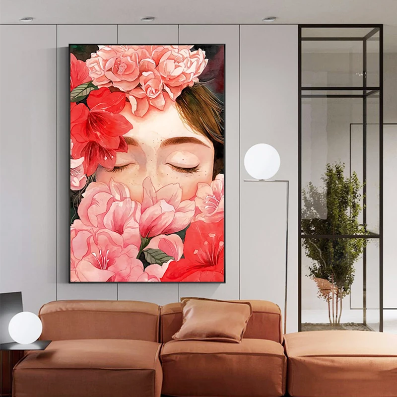 

Modern Tableau Big Wall Art Abstract Pink Peony Girl Canvas Art Pink Flower Poster Print for Living Room Beauty Entrance Picture