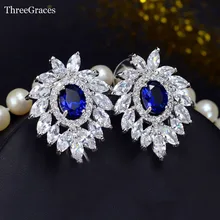 ThreeGraces Модные женские чешские серьги бижутерия Роскошные циркониевые камни Королевский синий большой кристалл в форме листика серьги-гвоздики для свадьбы ER192