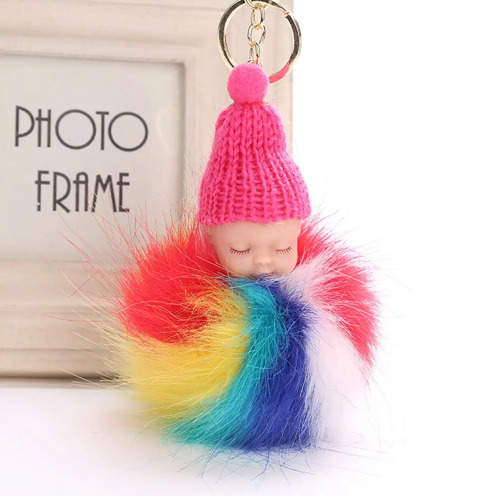 Buy 1 PC Rainbow Key Ring Pompom Fluffy Sleeping Baby