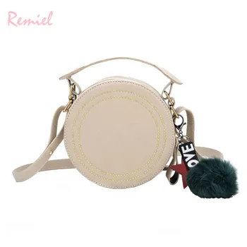 

Round Tote bag 2019 Fashion New High Quality PU Leather Women's Designer Luxury Handbag Cute Hair Ball Shoulder Messenger Bag