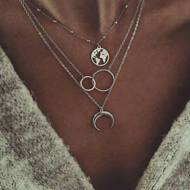 

Vintage Multilayer Moon Map Circle Pendant Necklace For Women 2018 Fashion Choker Statement Necklace For Girls Bohemian Jewelry