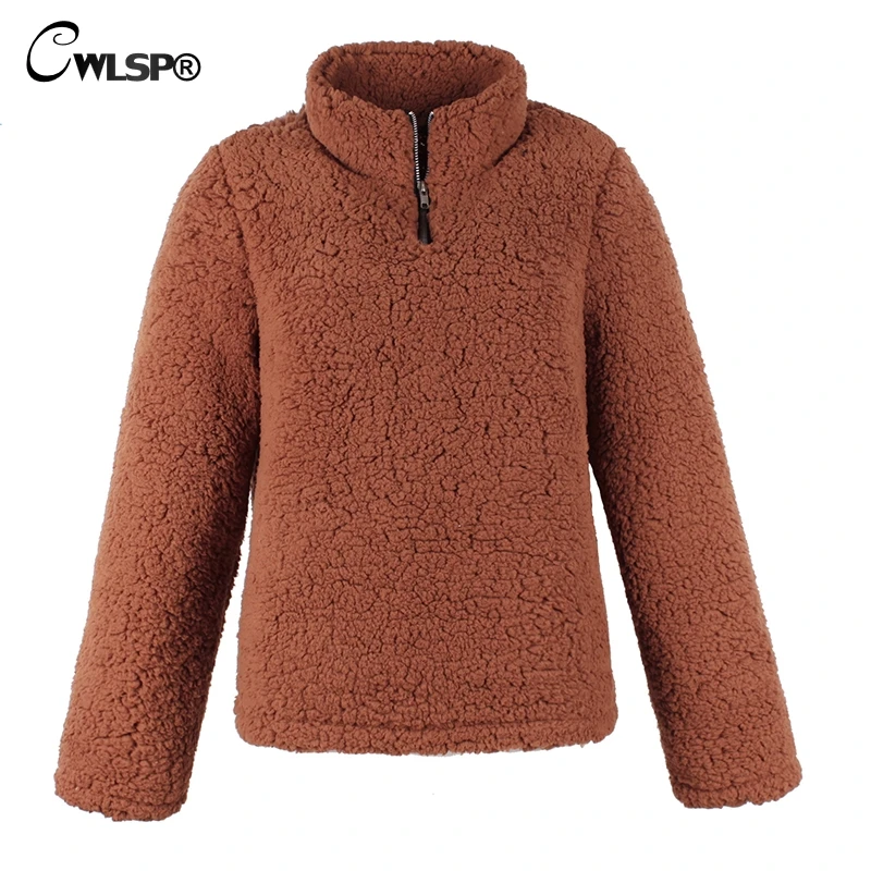 CWLSP 2018 Autumn Winter Plush Zipper Women Loose Sweatshirt Casual Warm Tops 6 Color Plus Size Pullovers Pull Femme QZ3120