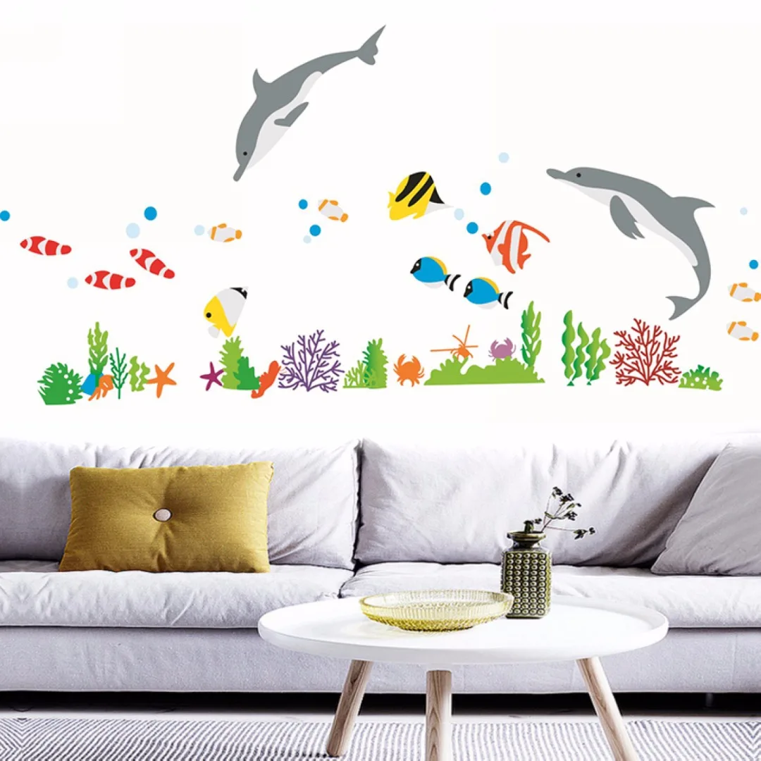 Newest  Dolphin & Fish Bathroom Decor Wall Stickers Paper Kids Bedroom Vinyl Paper