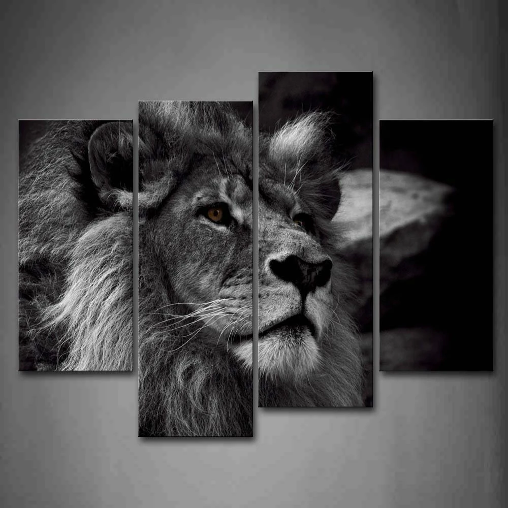 Black And White Gray Lion Head Portrait Wall Art Painting Pictures