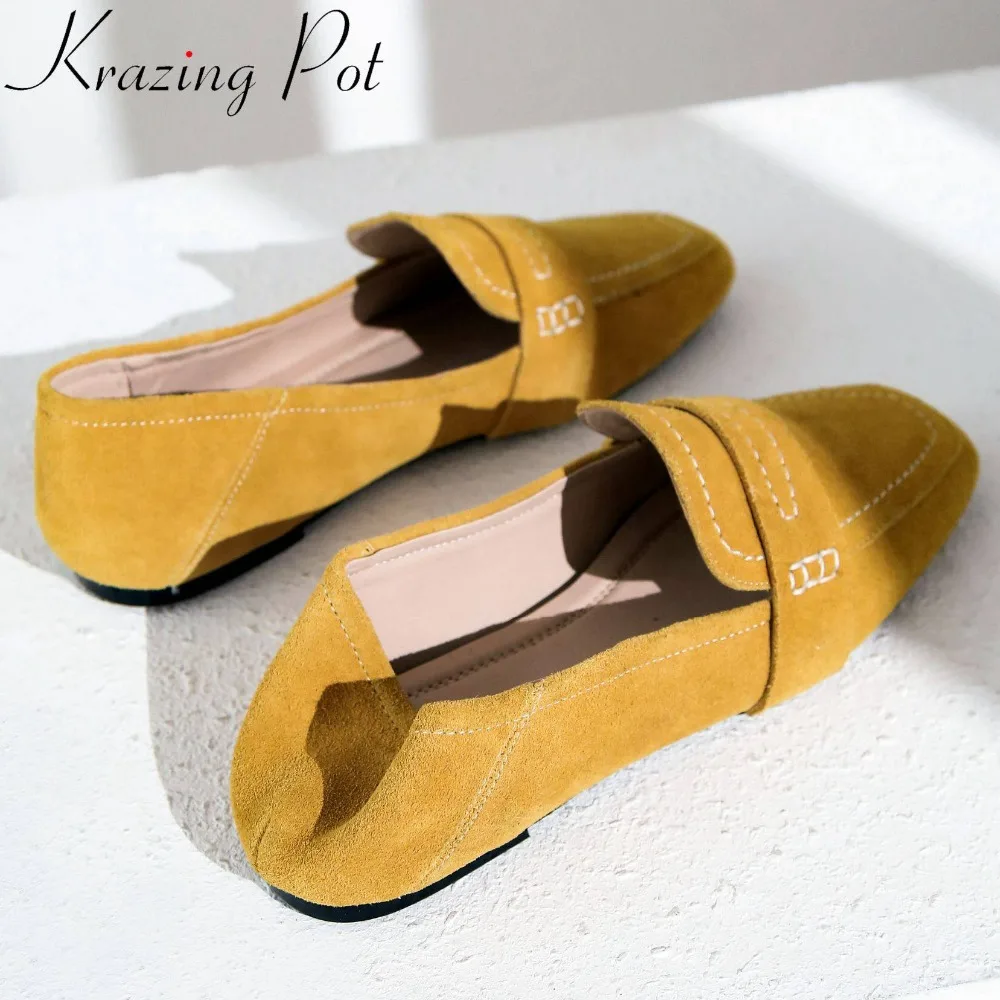 

Krazing pot hand-sewn leather comfortable ballet shoes square toe loafers slip on young girls cow leather grandma flats L1f1