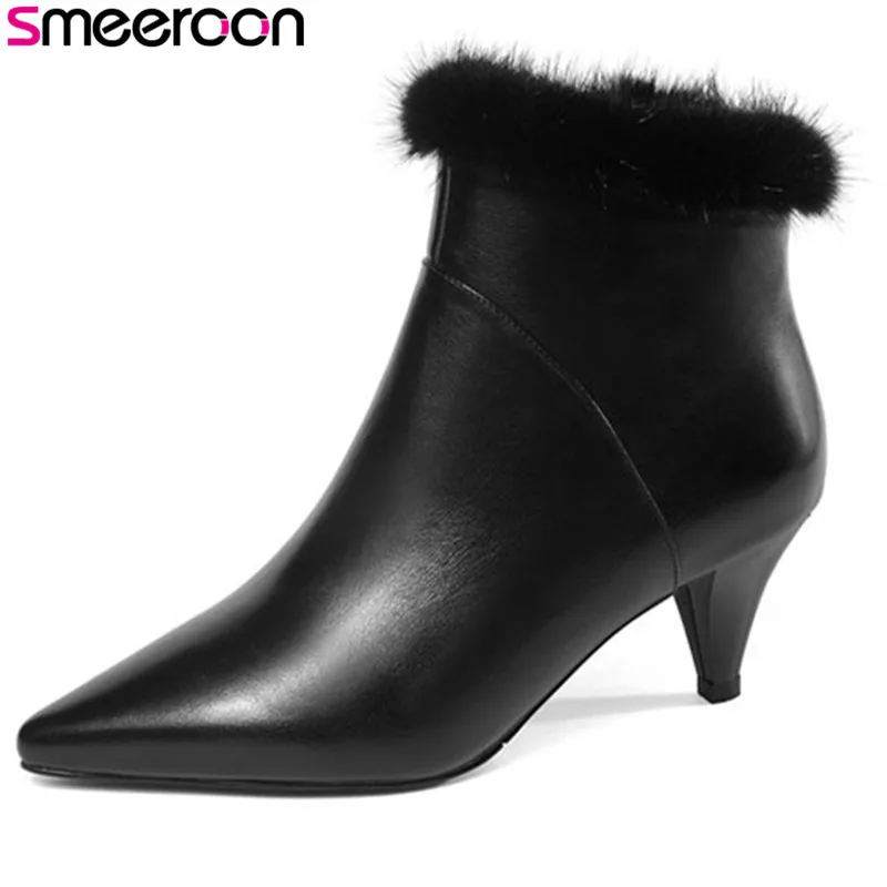 

Smeeroon popular cow genuine leather boots zip pointed toe autumn winter boots for women high heels ankle boots wedding shoes