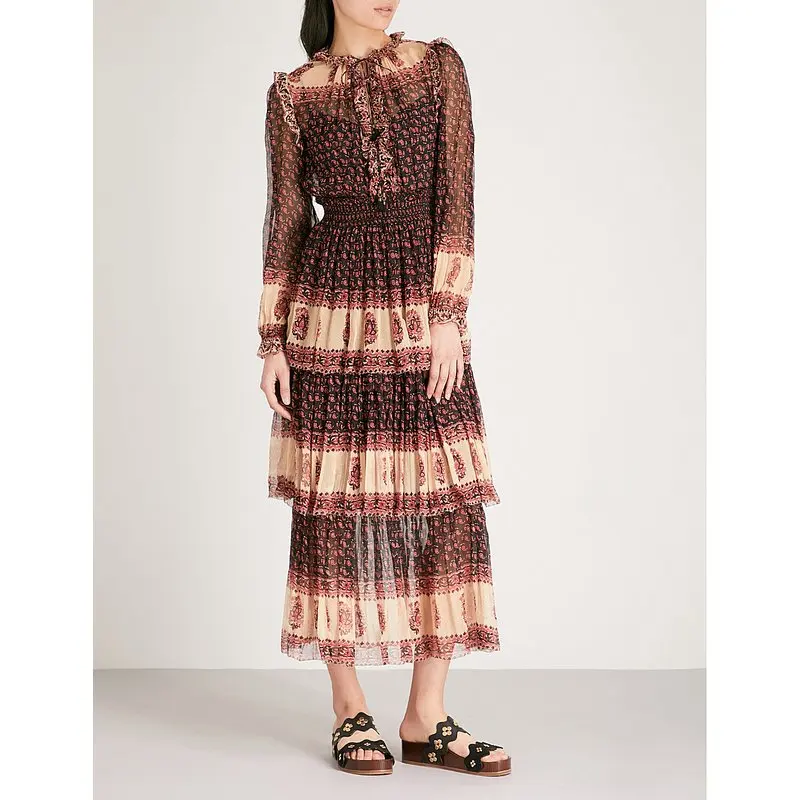 Top Silk Jaya Stamp Layer Dress Stamp Print Maxi Dress With Shirred Wais & Placement Print Along