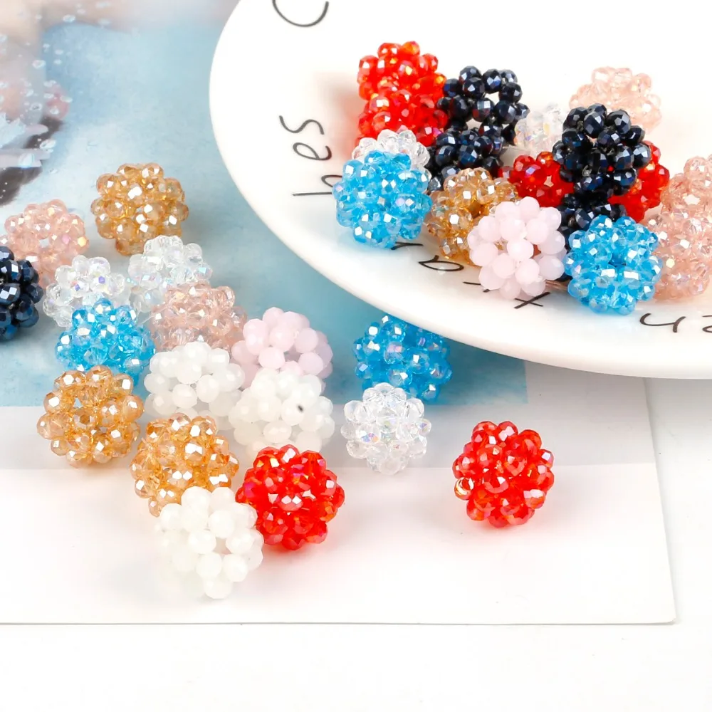 

15mm Hand-woven Glass Crystal Beads 2Pcs/Lot White Pink Red mix color Round Loose Spacer Beads DIY Jewelry Earrings