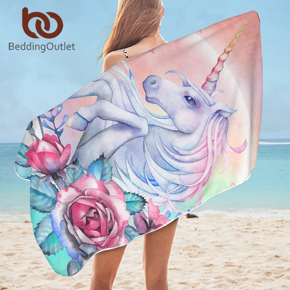 

BeddingOutlet Unicorn Bath Towel Bathroom Rose Cartoon Microfiber Beach Towel Pink Floral Girly Shower Towel 75x150cm Drop Ship