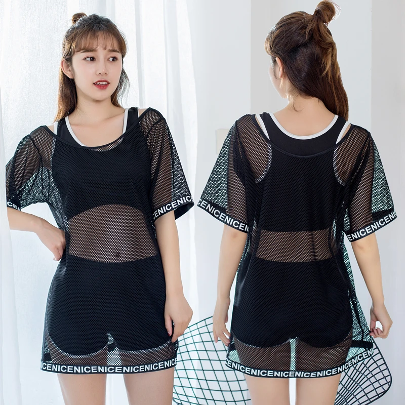 

Summer Net Mesh See Through Clear Tee black white color Sunscreen Sunproof Breath Shirts Lolita Girls Tops Swim Sea Wear 3 pcs