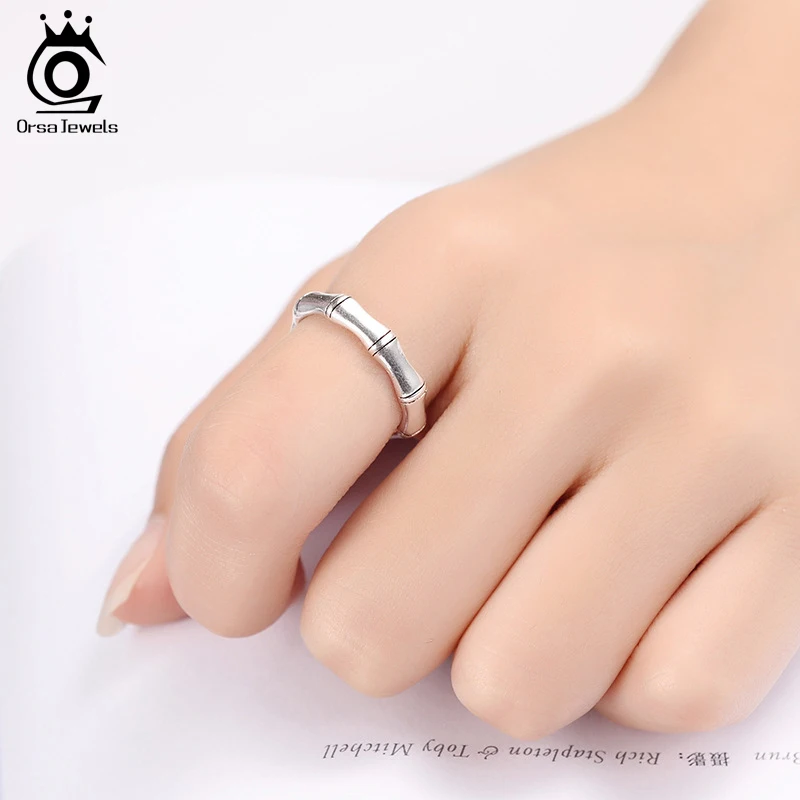 ORSA JEWELS 925 Sterling Silver Ring For Women Bamboo Bone Open Cuff Rings Resizable Wedding Engagement Fashion Jewelry PSR50