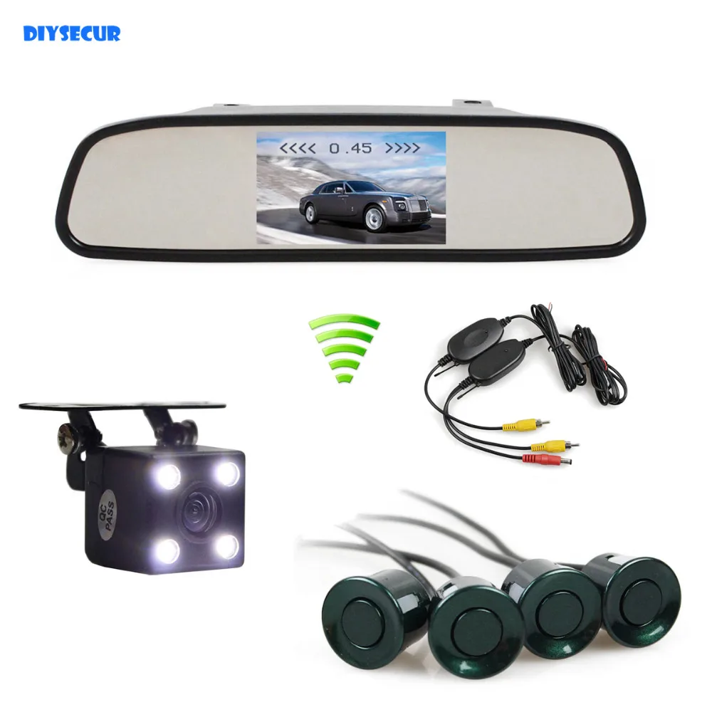 DIYSECUR Wireless Video Parking Radar 4 Sensors 4.3 Inch Car Mirror