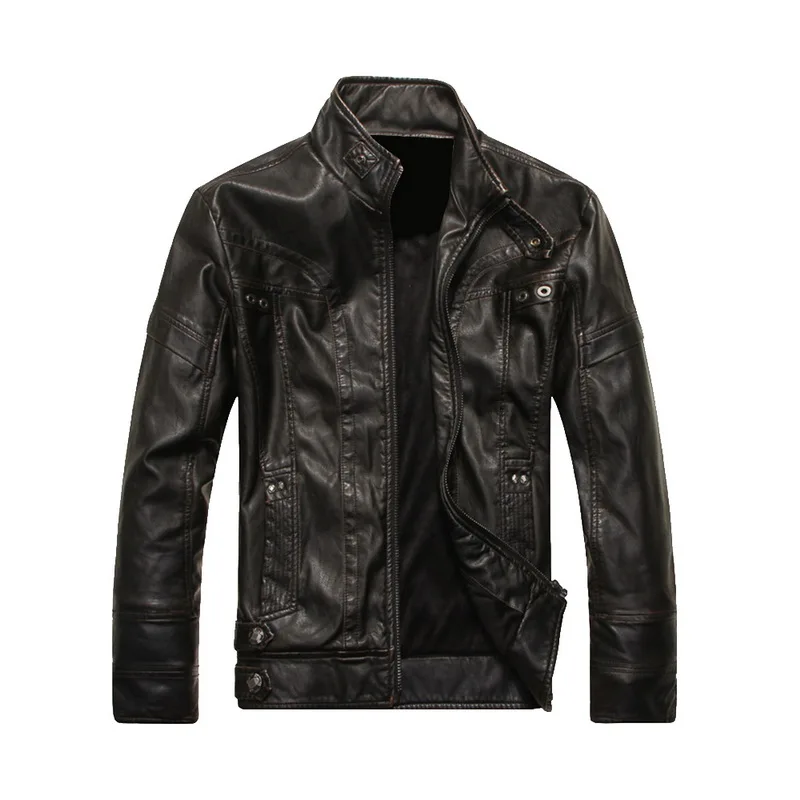 Модная кожаная мужская куртка с длинным рукавом на молнии, Jaqueta Couro, повседневная однотонная куртка, мото Hombre, прямая тонкая куртка Hombre - Цвет: Black