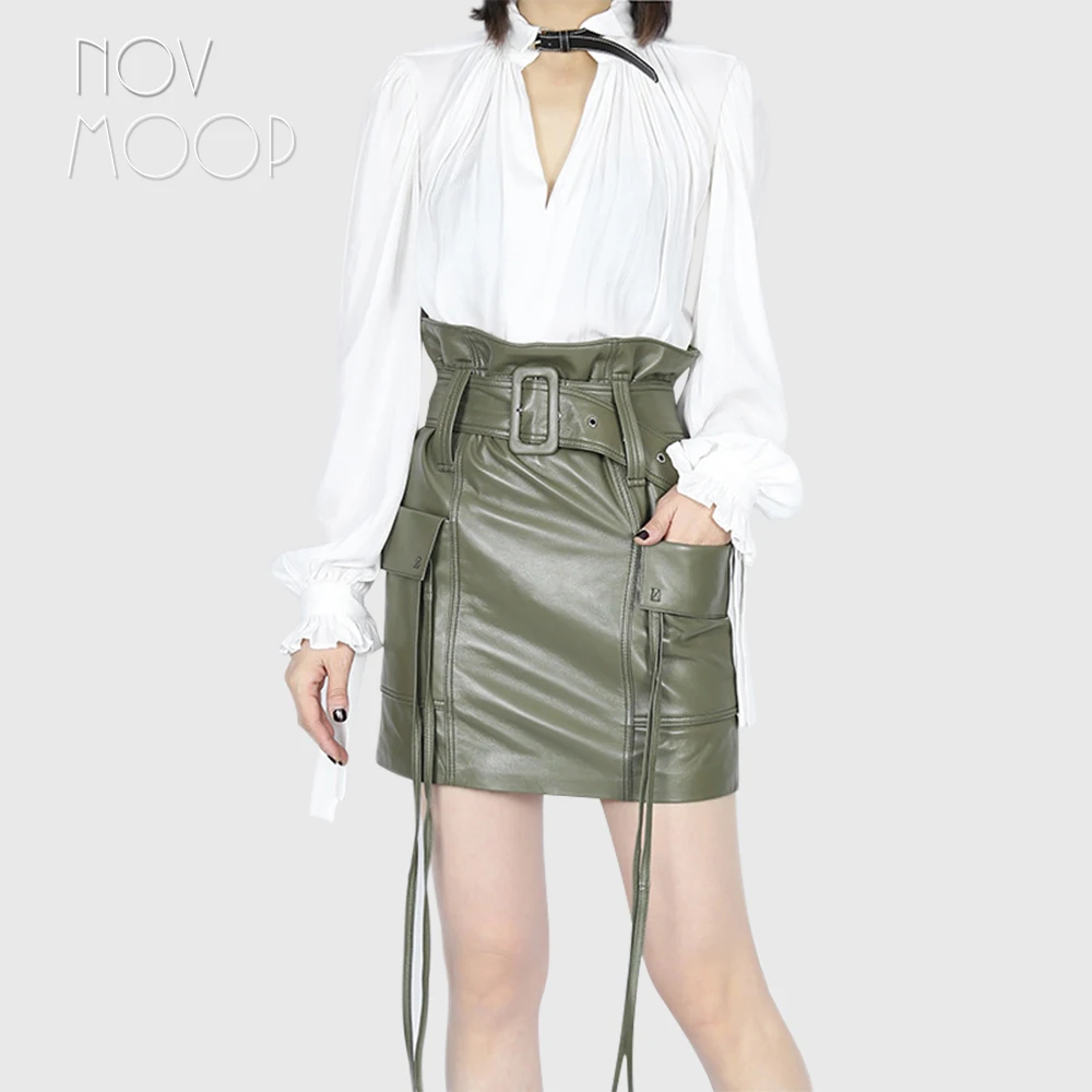 

Novmoop 2019 solid female short genuine leather sheepskin skirt with pocket sashes long tassel falda de piel de oveja LT2771