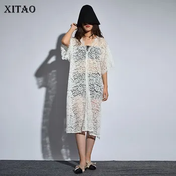

XITAO Hollow Out Perspective Dress Women Clothes 2019 V Neck Long Lace Wild Joker Casual Thin New Elegant Loose LJT3839