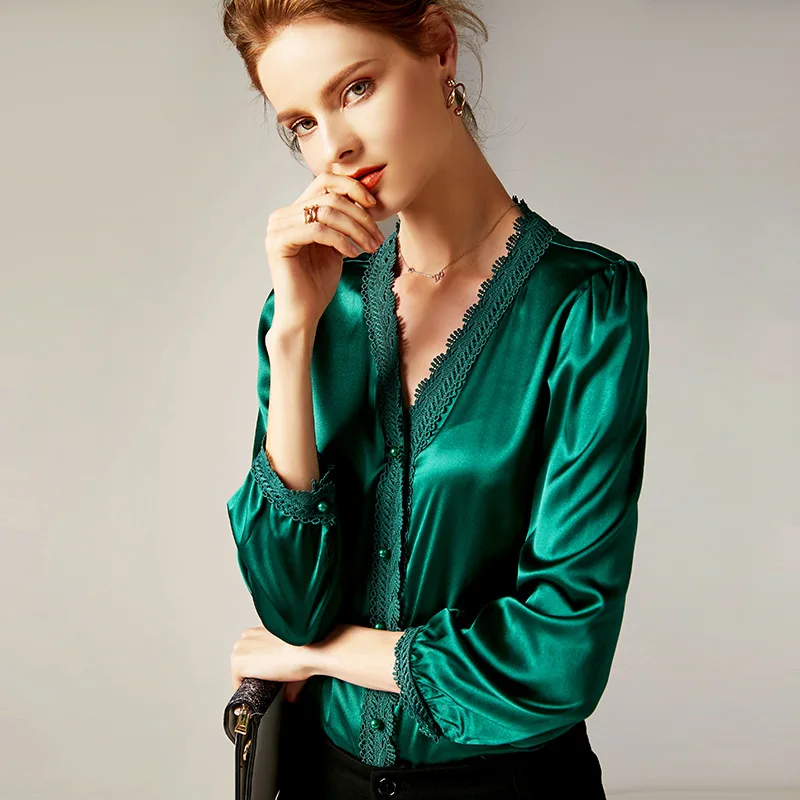 

women silk blouses and shirts ladies vintage spring v-neck green pink white silk shirts and blouses top 2019
