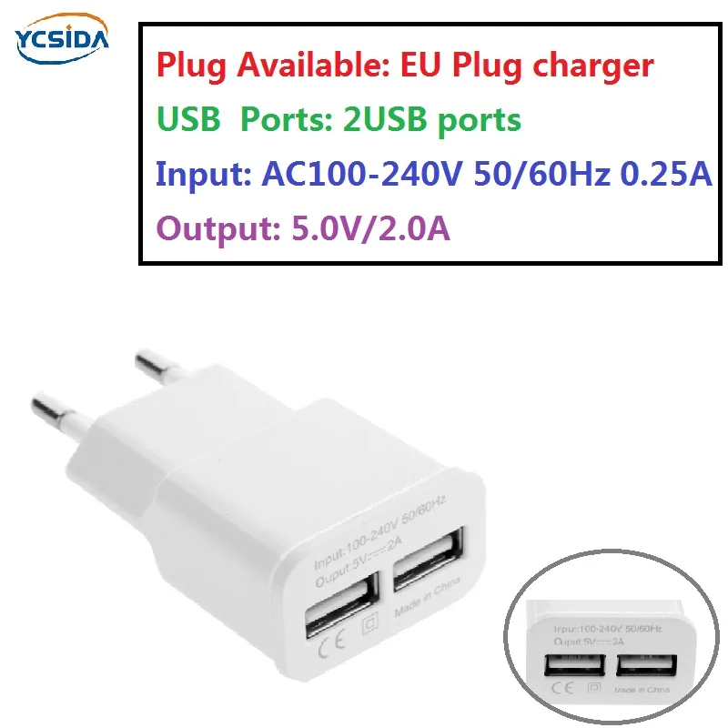 

EU Plug 5V 2A 2USB Output phone Travel Charger Adapter Compatible country Russia Ukraine Germany Poland France Spain etc.