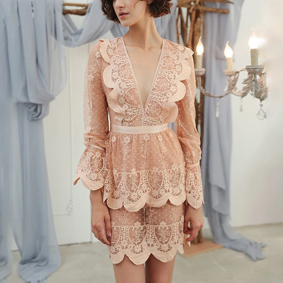 TWOTWINSTYLE-Sexy-Lace-Mesh-Mini-Dress-Female-V-Neck-Flared-Sleeve-Ruffles-Perspective-Dresses-Women-Fashion