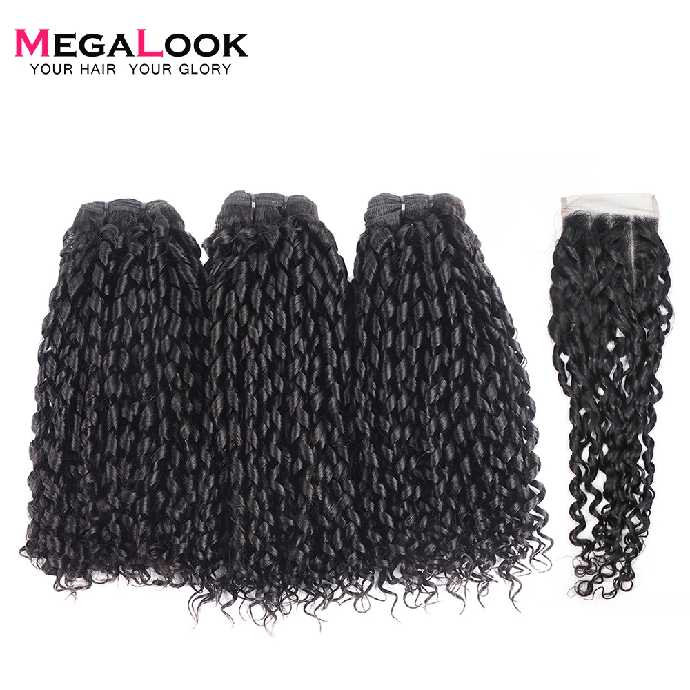 

Megalook Funmi Telephone Curl 3 Bundles with 4*4 Lace Closure Brazilian Human Remy Hair Extensions 3 Bundle with Closure
