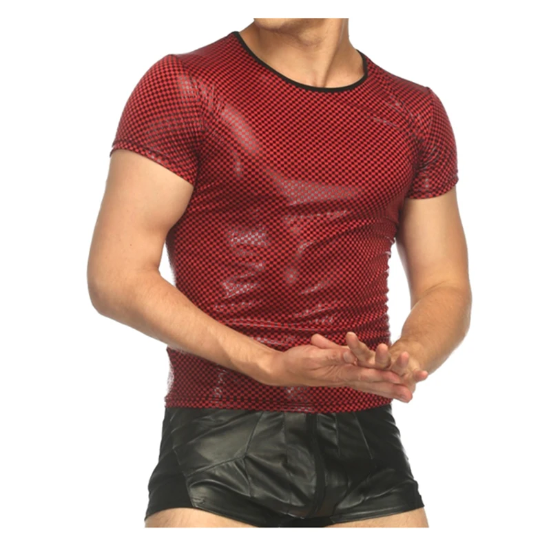 2019 Sexy Men's Patent Leather T-shirt Nightclub Performance Show Glossy Checked Skinny T-Shirt Short Sleeve Pullover Slim Fit (7)