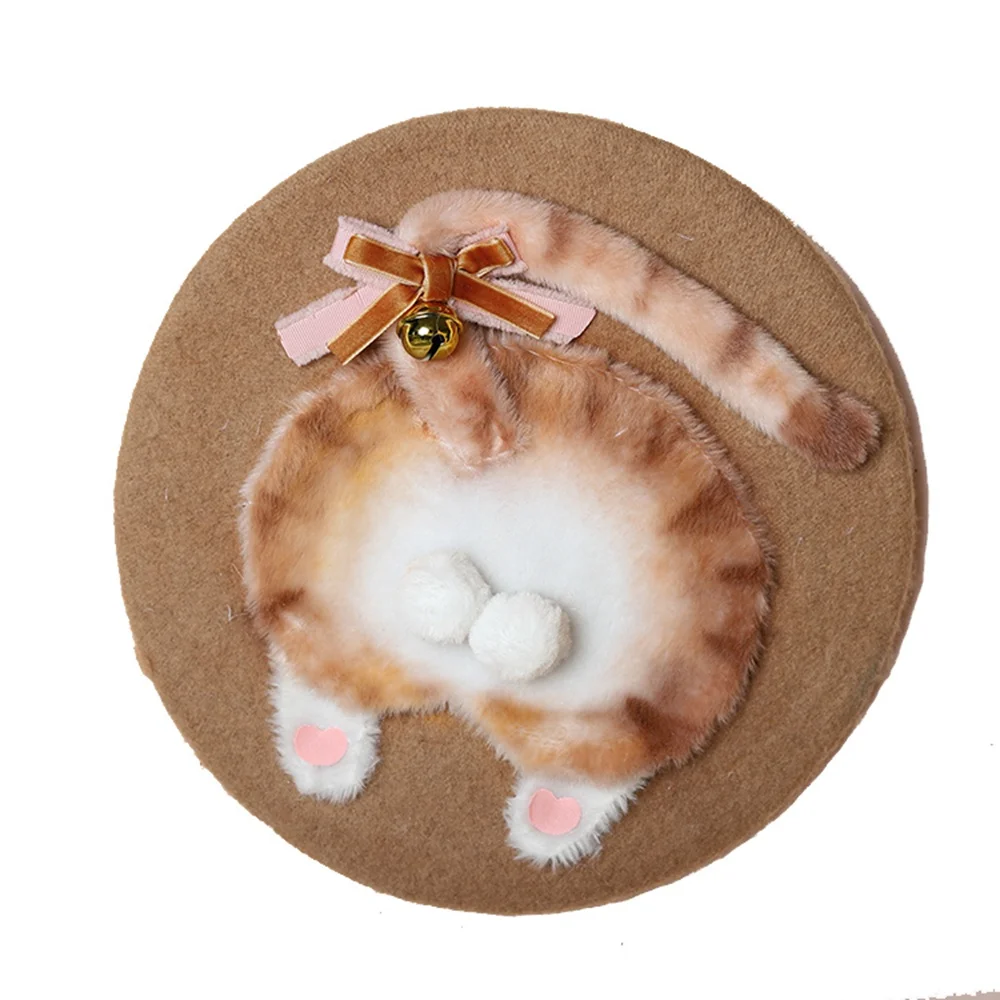 

Girls Cute Beret Cartoon Cat Butt Wool Blend Cap Beanie Women Top Hat