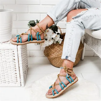 

Women Hemp Rope Sandals Rome Stagger Gladiator Cross Beach Shoes for Summer SMN88