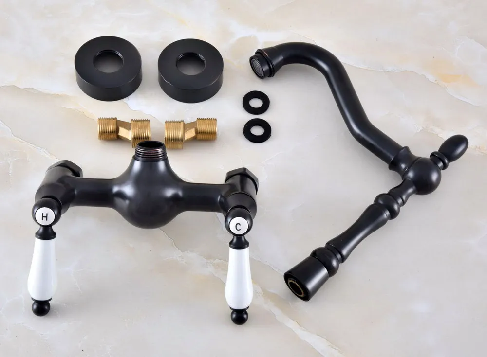Black Oil Rubbed Bronze Wall Mounted Bathroom Kitchen Sink Faucet Swivel Spout Mixer Tap Dual Ceramics Handles Levers anf856