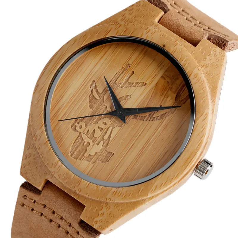 

YISUYA Minimalist Bamboo Men Wood Watches Deer Head Dial Wooden Case Wristwatch Genuine Leather Band