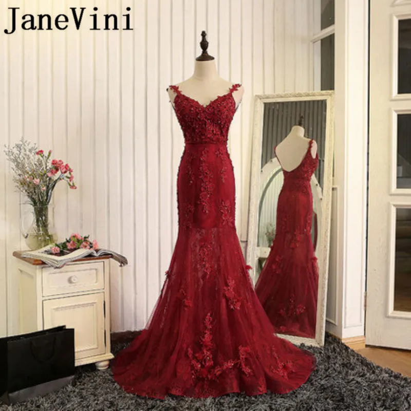 

JaneVini 2018 Sexy Burgundy Mermaid Beaded Long Bridesmaid Dresses V Neck Lace Appliques Sweep Train Tulle Vestido Boda Invitada