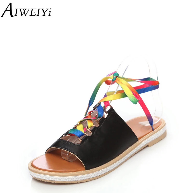 

AIWEIYi Summer Women Sandals Flat Heels Lace Up Bandage Gladiator Sandals Colorful Platform Casual Shoes Woman