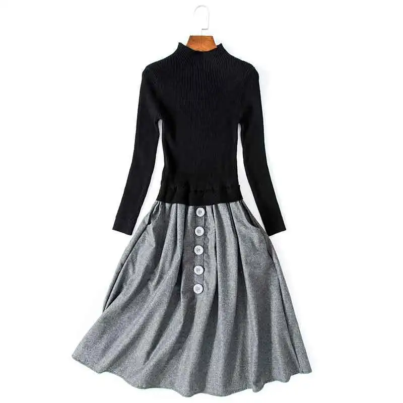 American 2018 Autumn Spring Women s High Fashion Stand Collar Button Pockets Knitted Sweater Patchwork Faux