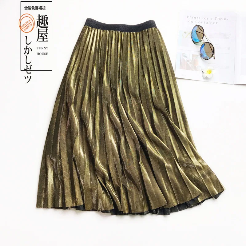 Для женщин юбки для 2019 металл флэш плиссированные яркий Bronzing Высокая талия длинные плиссированные Saias Longas Para Mulheres