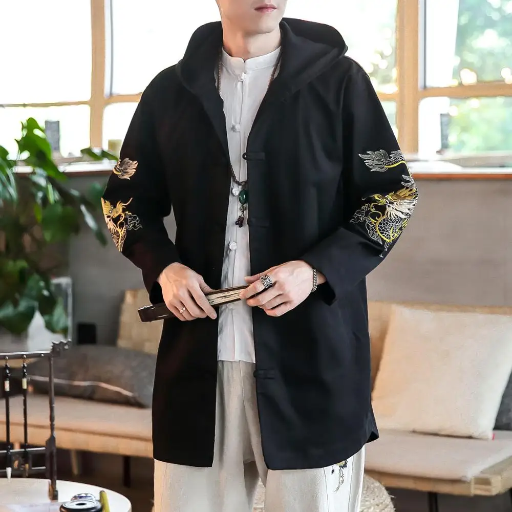 

Mens Dragon Embroidered Jacket Winter Hooded Long Trench Kung Fu Tai Chi Costume Male Traditional Chinese Clothing CN-108