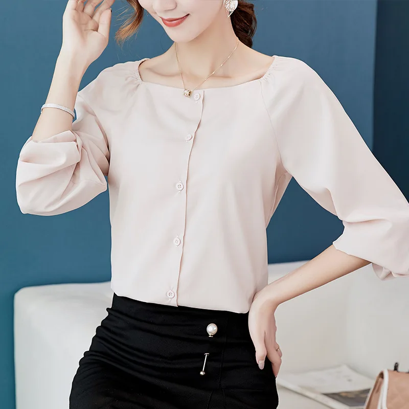 

Ladies 2018 Autumn Spring Bottom Shirts Fashion Blue Button Slim Work Office Blouses Women Long Sleeve Leisure Chiffon Shirts