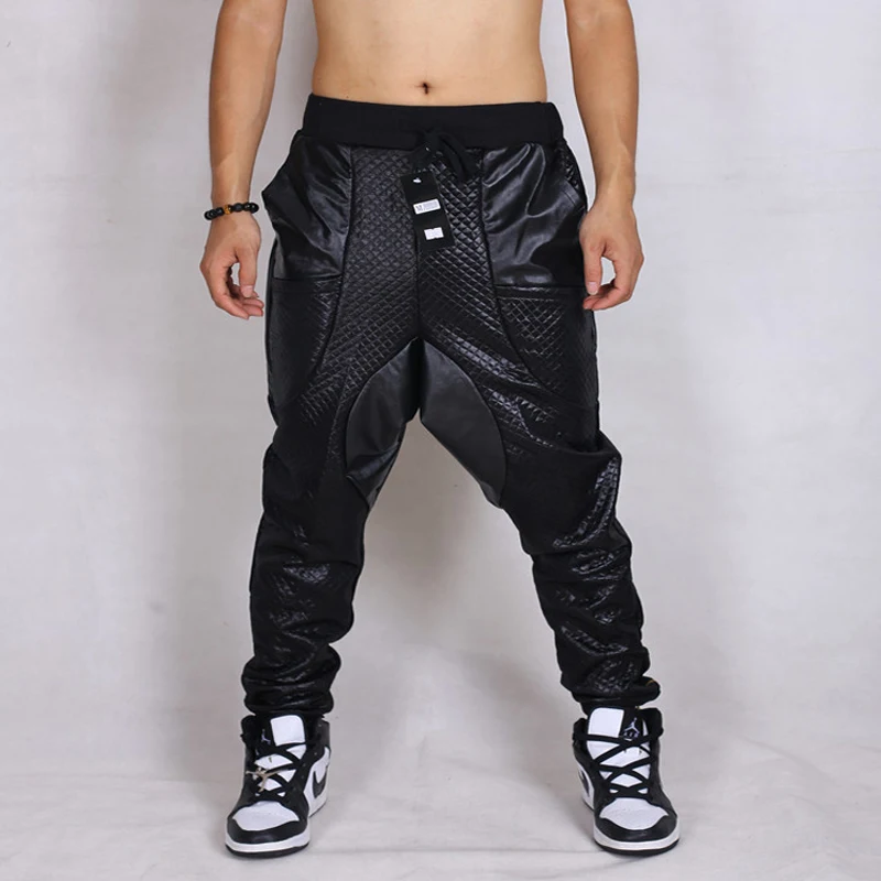 Mens PU Faux Leather Harem Drop Crotch Long Pants Motorcycle