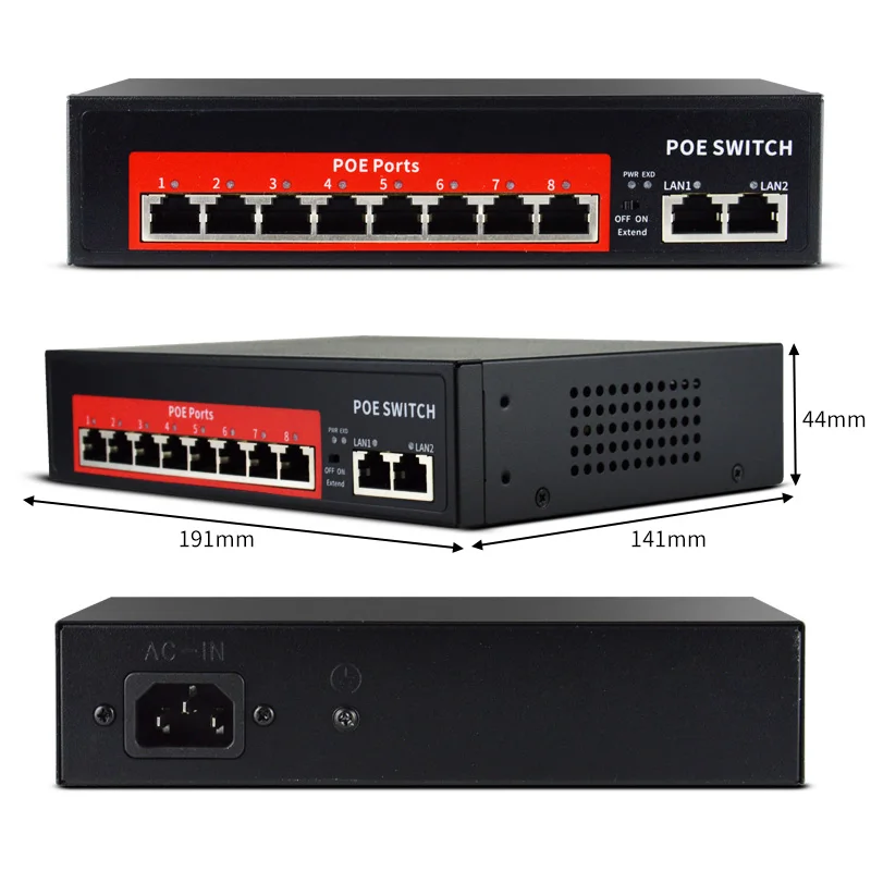 Коммутатор POE с 10 портами 48 В 10/100 Мбит/с поддержка устройств Ieee802.3af/at подходит для