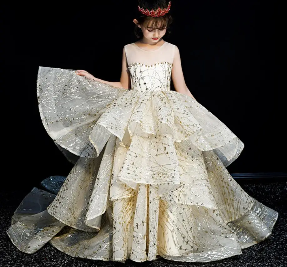 

Tulle Sleeveless Flower Girls Dresses For Wedding Appliques Formal Girl Birthday Party Dress Princess Ball Gown HW2366