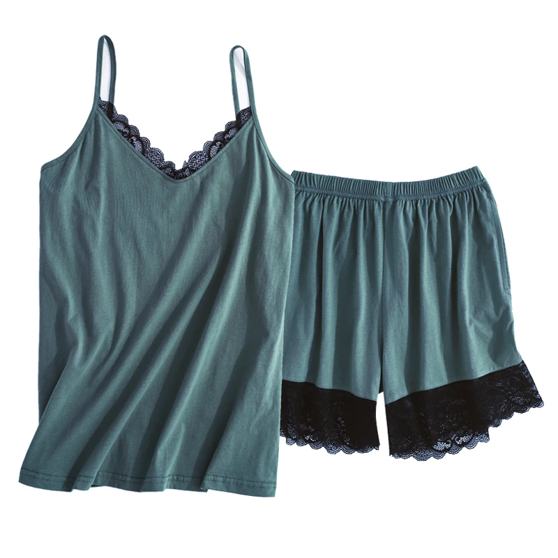 Women's Sleepwear Sexy Satin Cotton Sleepwear Set Lace V-Neck Pyjamas Sleeveless Cute Top and Short pijama mujer Women's Sleepwear Sexy Satin Cotton Sleepwear Set Lace V-Neck Pyjamas Sleeveless Cute Top and Short pijama mujer