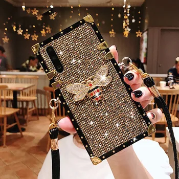 

For iPhone X XS XR Case Fashion Rivet Square Bling Glitter Lanyard Phone Case For iPhone X XS Max XR 6 6s 7 8 Plus Back Cover