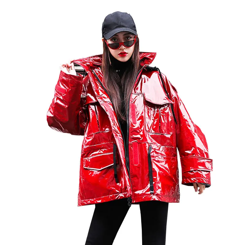 

2019 Spring Fashion PU leather jacket Women Hooded Jacket Coats Loose plus size Waterproof Jacket Women Harajuku Streetwear 216