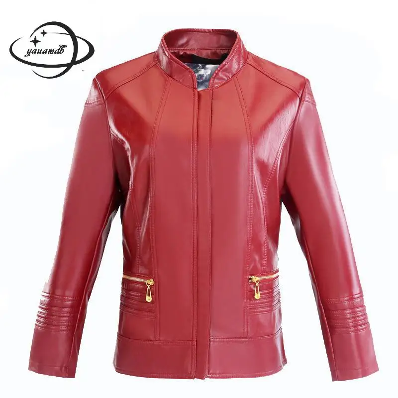 Plus Size L-6xl Women Faux Leather Jacket Spring Autumn Pu Female Coat Clothing Stand Collar Ladies Motorcycle Outerwear Ly50