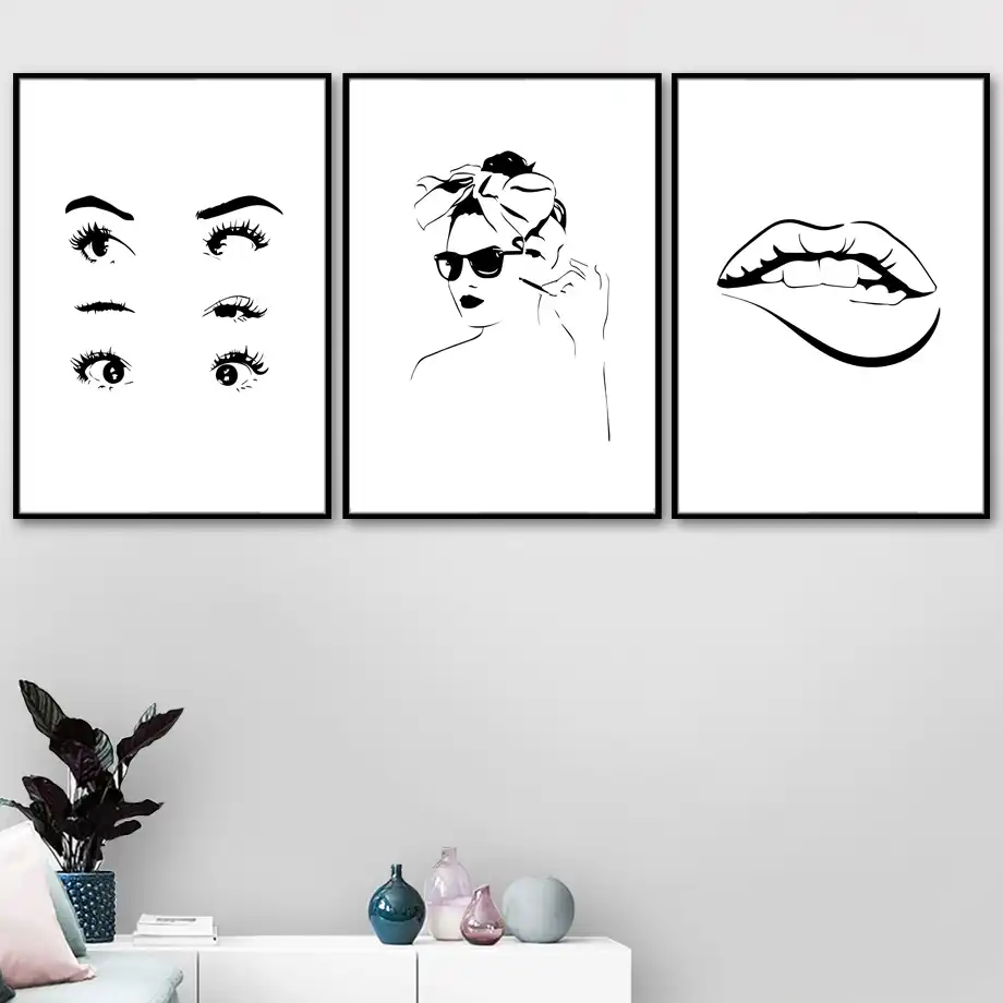 Girl Eye Lips Body Line Drawing Abstract Wall Art Canvas Painting