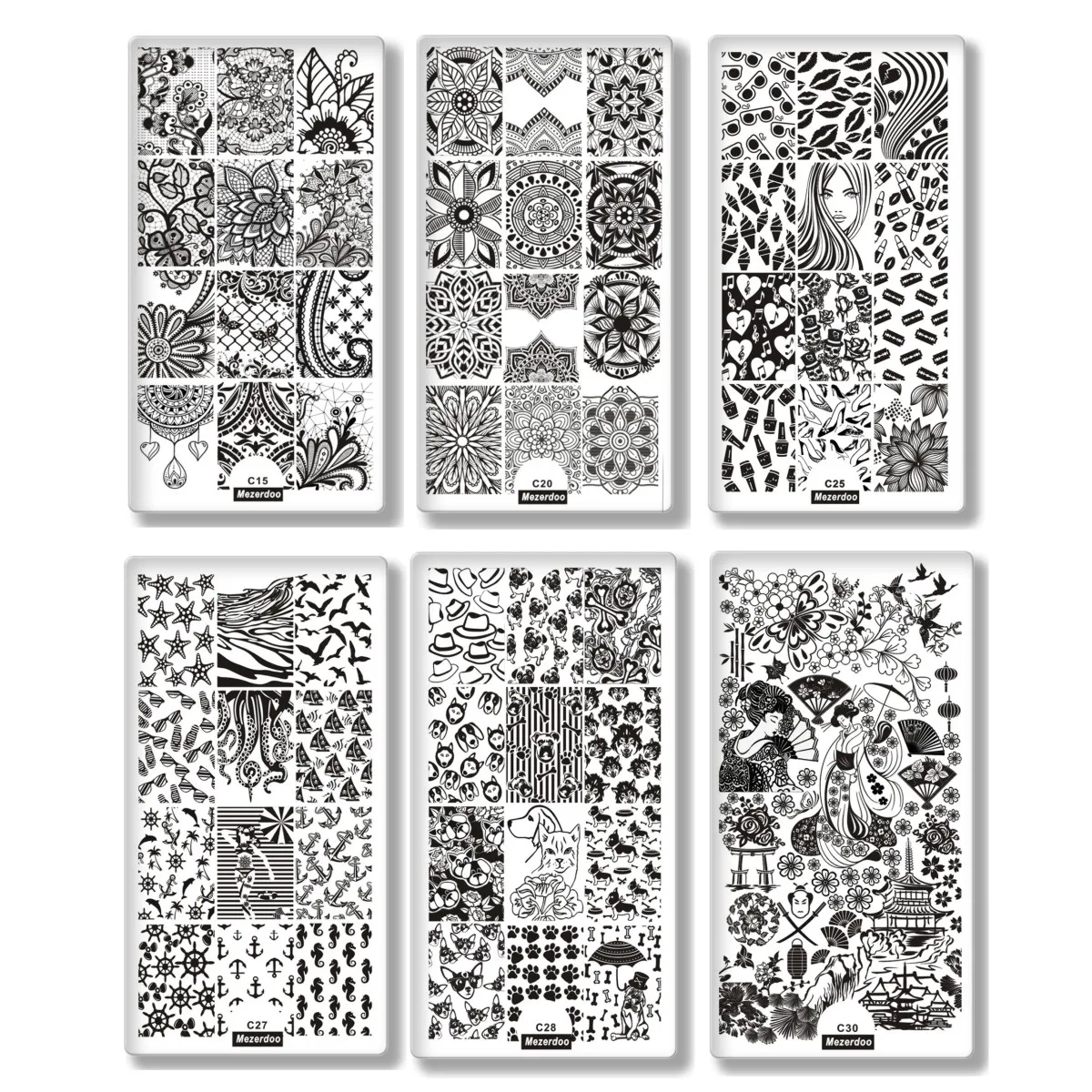 6Pcs Nail Art Stamping Template with 1Pc Stamper Scraper Set