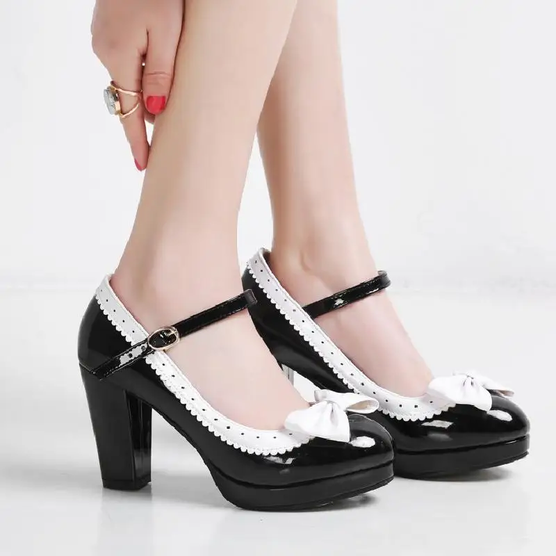 Spring & Summer Women Shoes Bowtie Med Heels Thick Heel Mary Janes Lolita Shoes Size 34-43