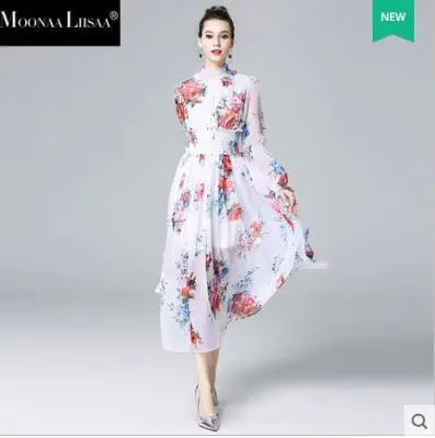 New Arrival 2017 Woman Summer And Autumn Dress Chiffon Cute White Print A Line Clothes Turtleneck Puff Sleeve Mid Calf | Женская одежда